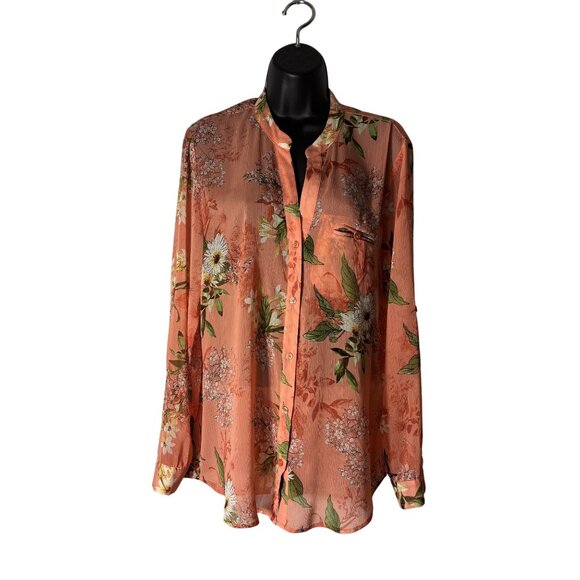 Floral Long Sleeve Sheer Button-Down Shirt Peach & Green Lightweight Boho Top - Picture 2 of 10